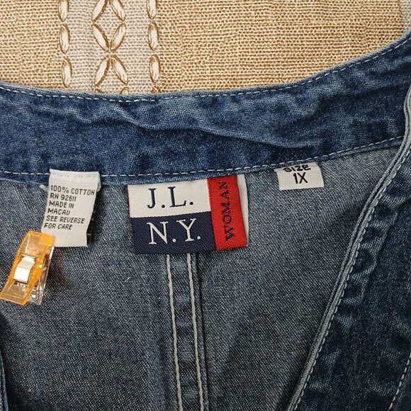 J.L.N.Y Women's 1X Denim Jumper Overall Dress Front Buttons Pockets Embroidered - Picture 10 of 10